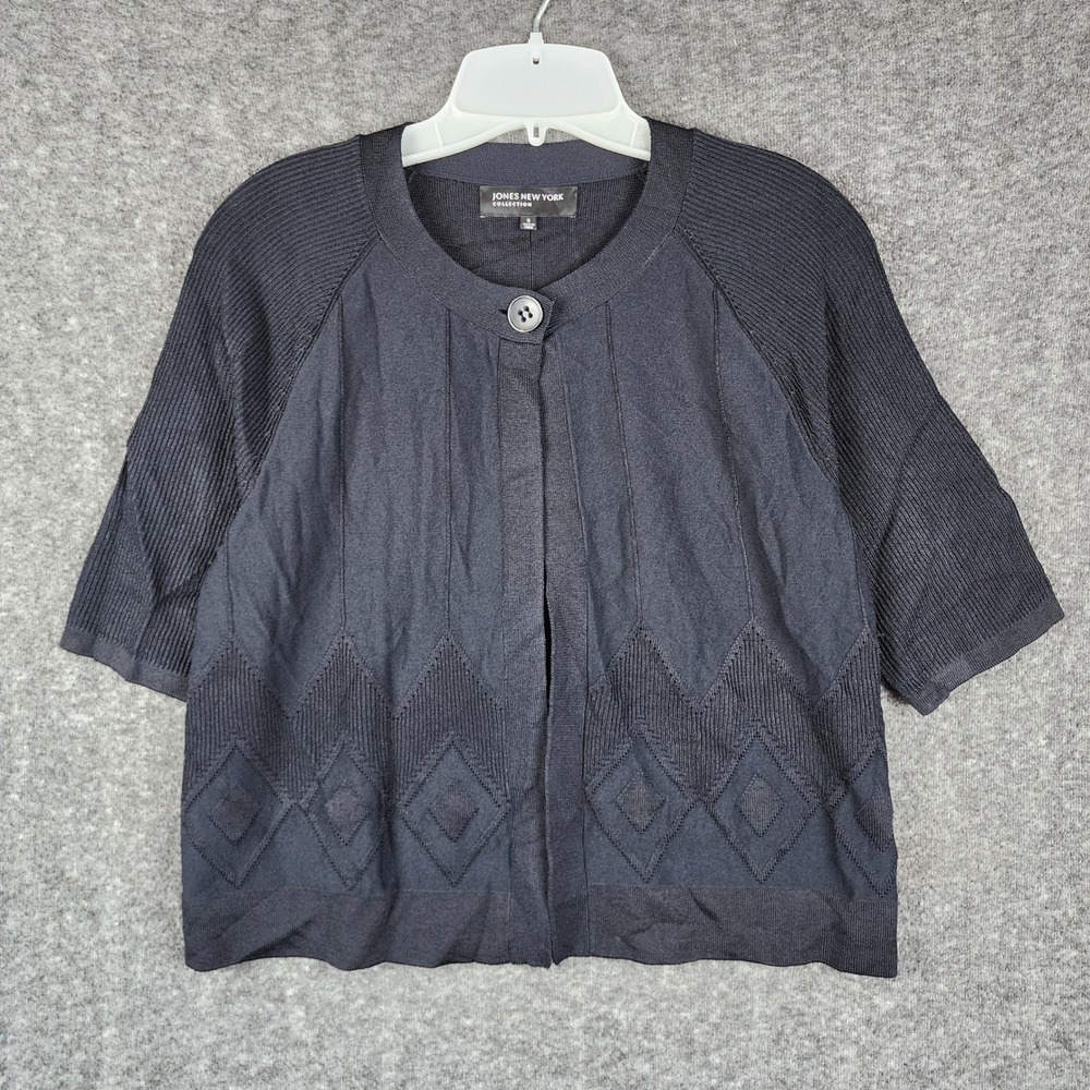 Jones New York Cardigan Sweater‎ Womens S Black Diamond Knit Short Sleeve Button